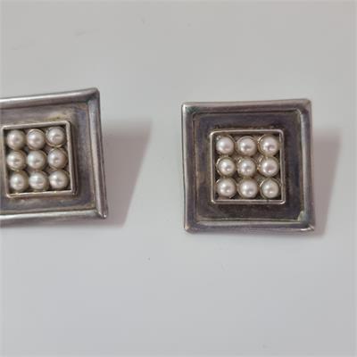 עגילי קליפס כסף (925) ופנינים – עיצוב וינטג' גיאומטרי ✨